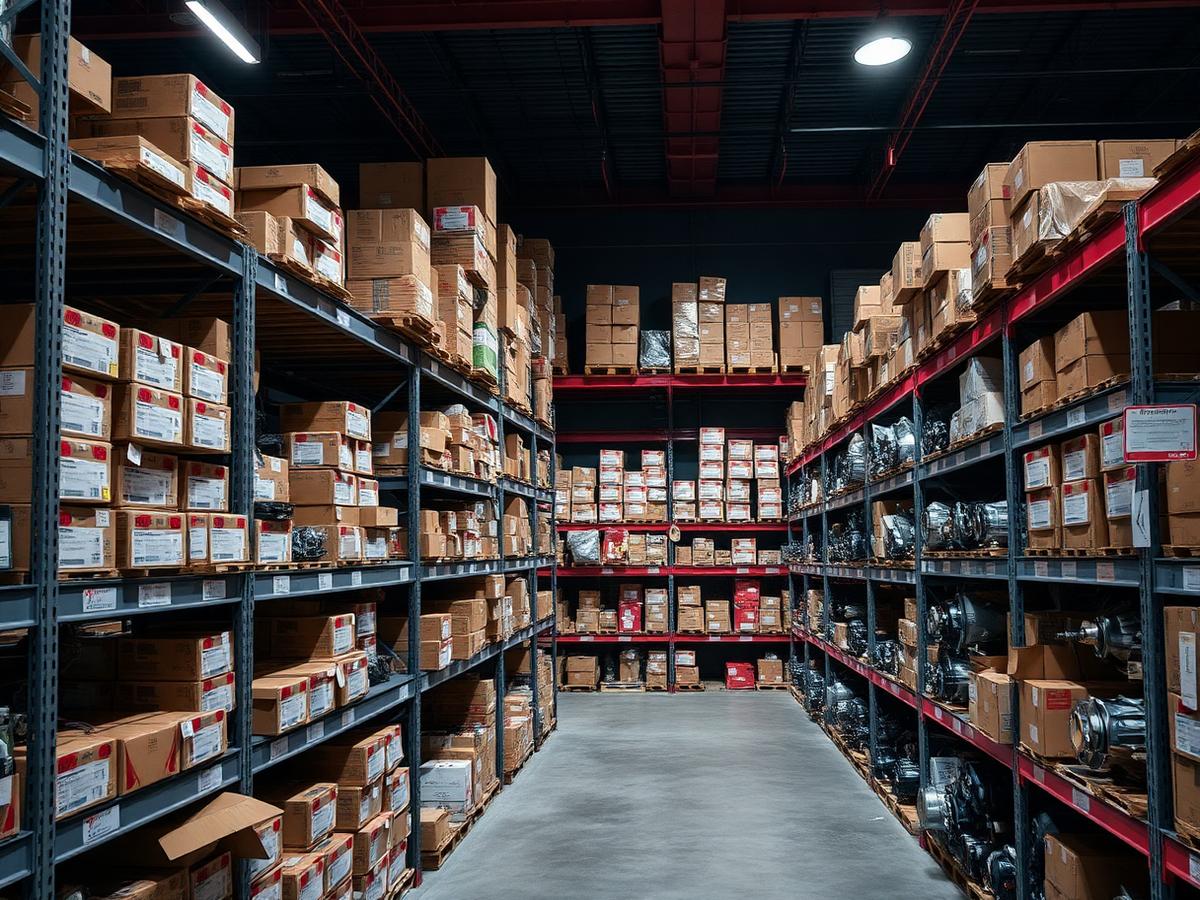 Estoque da Vimatic com peças para câmbios automáticos organizadas em prateleiras